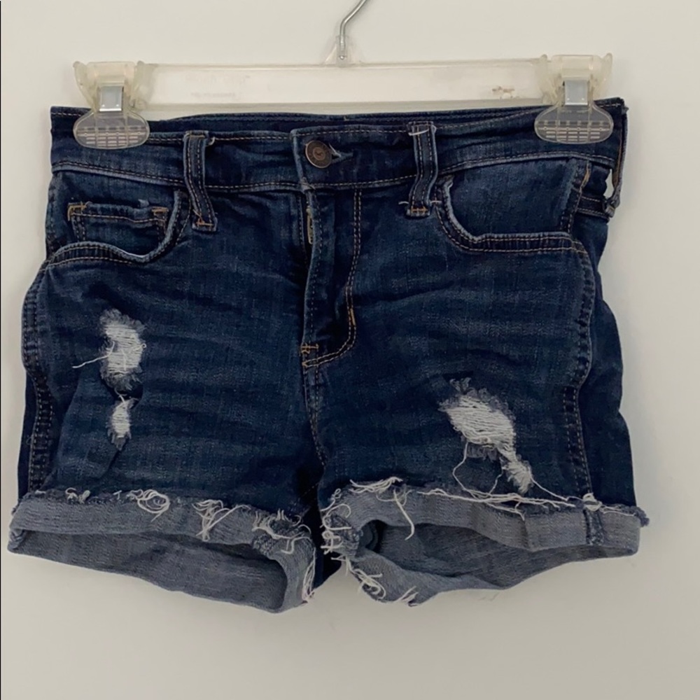 Distressed mid rise denim shorts dark wash